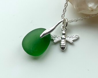 Sea Glass Necklace, Sterling Silver Necklace, Bee Happy, Sterling Silver Bee Charm, Green Sea Glass, Seaham Sea Glass