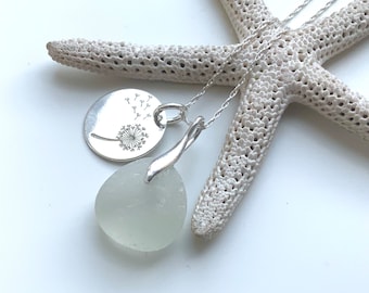 Sea Glass Necklace, Sterling Silver Necklace, Make A Wish, Dandelion Clock Charm,White Sea Glass, Seaham Sea Glass