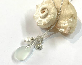 White Sea Glass Necklace: Sterling Silver Shell, Pearl Pendant