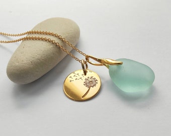 Sea Glass Necklace, Gold Necklace, Make A Wish, Dandelion Charm, Aqua Sea Glass, Seaham Sea Glass, Gold Vermeil Charm, Gold Filled Chain