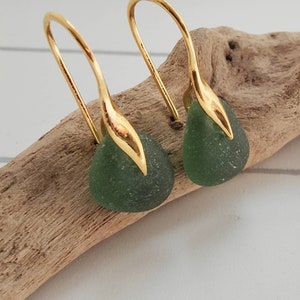 Sea Glass Earrings, Green Sea Glass, Gold Vermeil Earrings, Seaham Sea Glass
