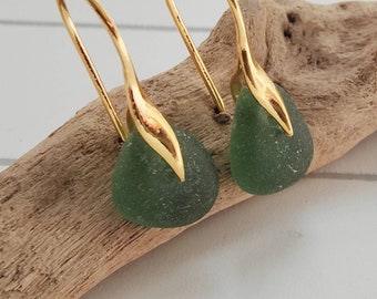 Sea Glass Earrings, Green Sea Glass, Gold Vermeil Earrings, Seaham Sea Glass