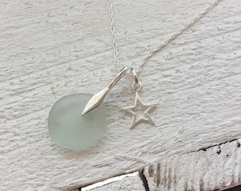 Sea Glass Necklace, Sterling Silver Necklace, Aqua Sea Glass, Sea Glass Jewellery, Sterling Silver, Star Charm, English Sea Glass