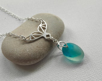 Sea Glass Necklace, Sterling Silver Necklace, Teal multi sea glass, Sea Glass Jewellery, Geometric Whale Tail, Seaham Sea Glass