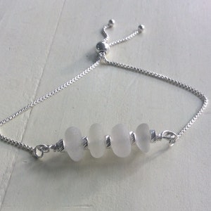 Sea Glass Bracelet, Sterling Silver White Sea Glass Bracelet, adjustable bracelet