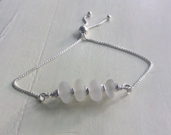 Sea Glass Bracelet, Sterling Silver White Sea Glass Bracelet, adjustable bracelet