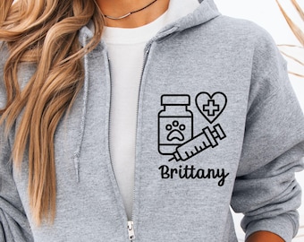 Personalized Vet Tech Zip Up Hoodie, Animal Clinic Staff Gift