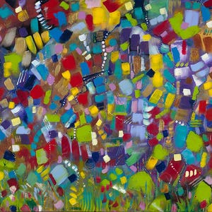 Pode incluir: Pintura abstrata com uma vibrante mistura de cores, incluindo vermelho, amarelo, azul, verde e roxo. A obra de arte apresenta uma aparência texturizada com pinceladas e uma variedade de formas, criando uma composição dinâmica. Tema paisagístico.