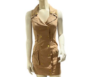 Papaya Size S Tan Military Utility Mini Dress Gold Snap Sleeveless