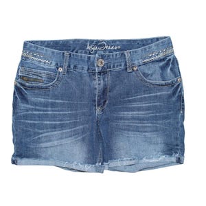 May include: Blue denim shorts with a faded wash and frayed hem. The shorts feature a zip pocket, decorative stitching, and the "Ariya Jeans" brand name. The shorts have a button closure and classic five-pocket styling.