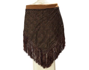 Vintage Brown Floral Triangle Shawl Fringe Wrap Boho Cottagecore