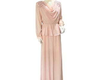 Ursula of Switzerland Pink Chiffon Maxi Dress Lace Pearl Peplum 7/8