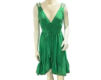 Y2K Shi Shi Green Empire Waist Beaded Strap Ruffle Hem Dress