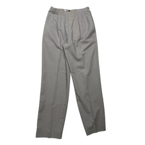 May include: High-waisted trousers in a solid light gray color. These pants feature a structured waistband with a single button closure, a side zipper, and vertical pleats running down the front of each leg, creating a tailored, straight-leg silhouette.