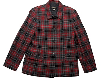 Blazer vintage années 90, taille S, à carreaux rouges, noirs et gris.