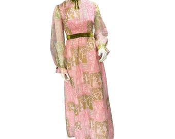 Vintage Pink Green Mod Maxi Dress Velvet Trim Prairie Boho Gown