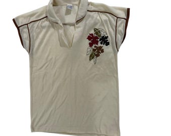 Vintage 1970s Cream Floral Cap Sleeve Polo Top XS