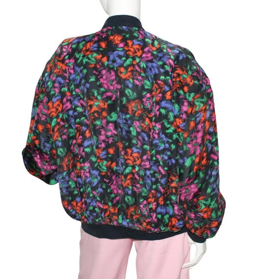 DON'T STOP Floral Print Vintage Bomber Jacket Silk Black Multi