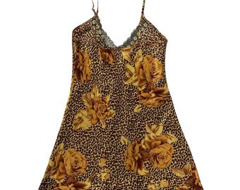 Y2K Leopard Floral Satin Slip Lingerie Gown Lace Trim Medium