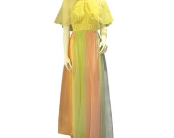 Vintage Pastel Chiffon Maxi Dress & Cape Set Yellow Rainbow Gown