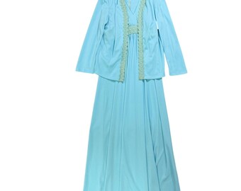 Vintage 1970s Blue Maxi Dress & Lace Trim Jacket Set Formal Gown