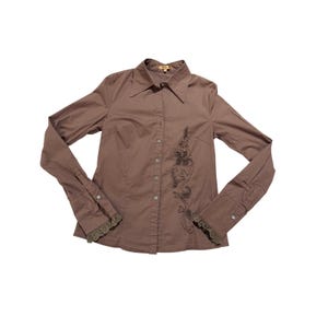Lucy Paris Brown Button Front Blouse Embroidered Floral Fitted Stretch M Y2K