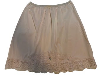 vintage Demi-jupe rose pâle avec bordure en dentelle et broderie florale en nylon S