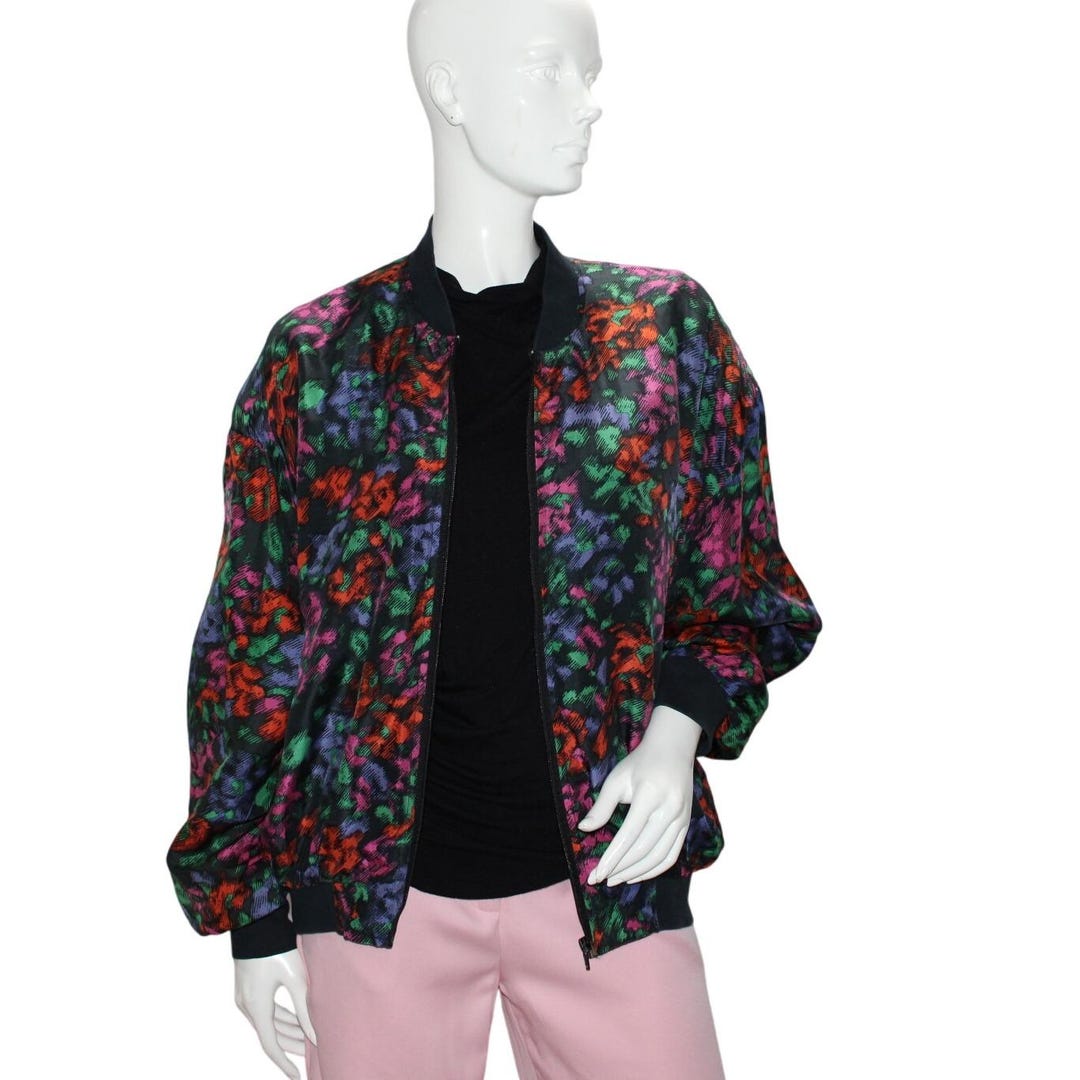 DON'T STOP Floral Print Vintage Bomber Jacket Silk Black Multi