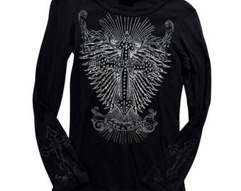 Vocal Black Rhinestone Cross Graphic Long Sleeve Top USA Size Small Y2K