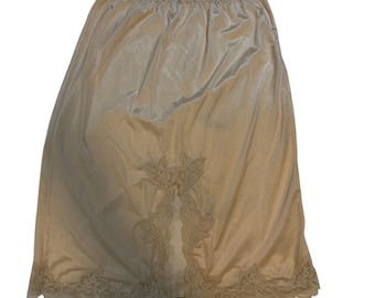 Falda de media enagua de nailon con ribete de encaje beige, estilo vintage de los años 80, talla grande.