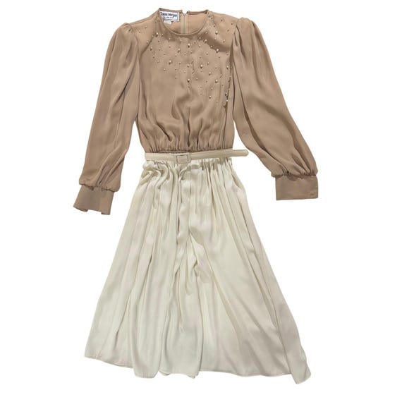 Vintage Donna Morgan Pearl Beaded Chiffon Dress Ivory Taupe Size 11/12