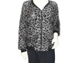 New Directions Leopard Print Zip-Front Sweater Cardigan Size L Fuzzy Knit Y2K