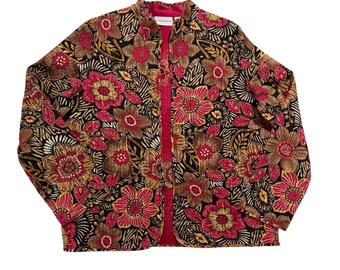 Y2K Alfred Dunner Floral Print Open Front Jacket Top Pink Brown Black Size 12