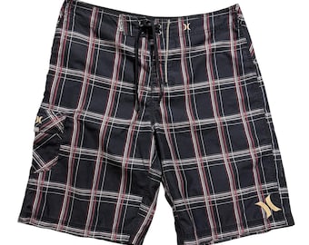 Hurley Plaid Board Shorts męskie rozmiar 34 czarno-czerwone kąpielówki surfingowe