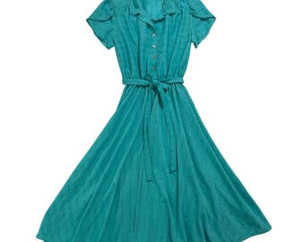 Vintage Aqua Fit & Flare Midi Dress Belted Shimmer Stripe XS