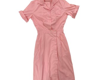 Vintage White Swan Pink Nurse Uniform Dress Hidden Snap Front XS S