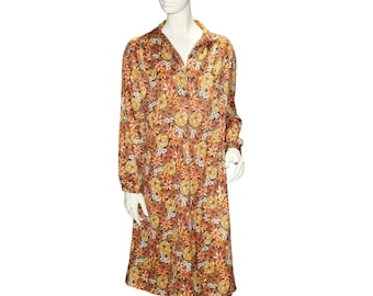 Vestido floral de manga larga hecho a mano, estilo vintage marrón y amarillo