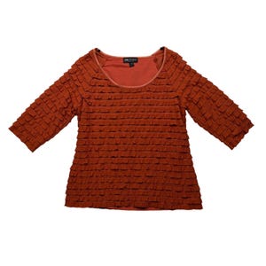 May include: A rust-colored shirt featuring a scoop neckline and three-quarter length sleeves. The entire front of the garment is covered in horizontal fabric ruffles. A black label at the inner neckline displays the text L&L STUDIO PETITE.