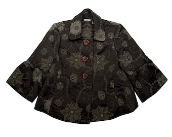 Trevan Size 8 Brown Green Embroidered Floral Bell Sleeve Jacket Blazer