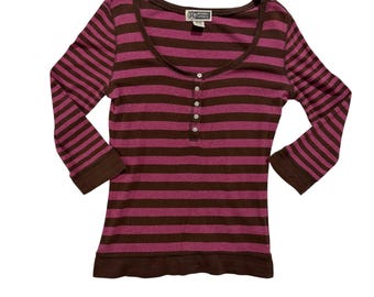 Y2K Route 66 Original Clothing Co Medium Pink Brown Striped Henley Top