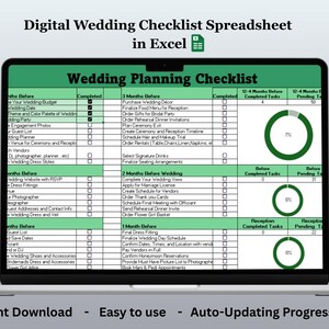 Checklista för bröllopsplanering i Excel, redigerbar digital arrangör för par, mall för 12-månaders bröllopslista, uppgiftsspårare