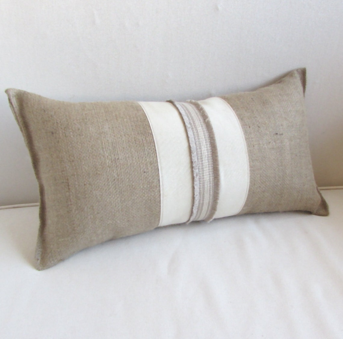 BURLAP lumbar accent pillow taupe and vintage gross grain Etsy