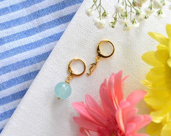 aquamarine and seahorse earrings,24k gold minimalist earrings, gold earrings, gold plated earrings, turquoise earrings, gold tiny hoops