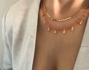 24k Gold plated Coral Gemstone Rosary Chain With 24k Gold Plated drops,24k Gold plated Minimalist coral rosary chain necklace,coral necklace