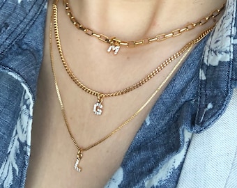 initial letter layered necklaces, layered gold necklaces, gold initial necklace, gold initial charm, gold initial pendant, gold initial