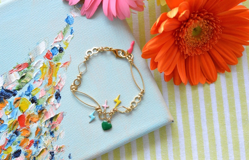 Friendship bracelet,Eco-friendly bracelet,Pink ecofriendly bracelet, star bracelet, gold jewellery,,Dainty bracelet, bracelet charms, charm image 1