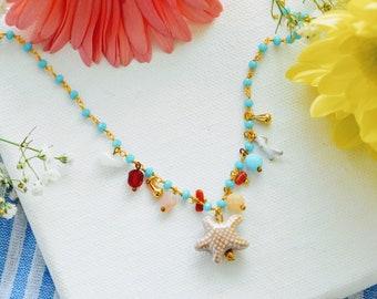 Rosary starfish necklace, 24k gold filled, ceramic pendant, starfish, coral, turquoise beaded rosary chain, summer necklace, gold minimalist