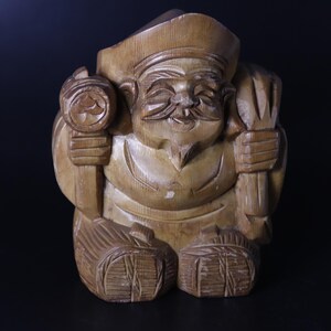 Vintage Japanese Daikoku Wooden Statue – Hand-Carved Lucky God of Prosperity – Folk Art Carving – Good Fortune Home Decor