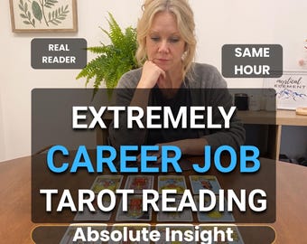 May include: A tarot card reading session featuring twelve cards laid out on a wooden table. The text on the image reads: REAL READER, SAME HOUR, EXTREMELY CAREER JOB TAROT READING, and Absolute Insight. A person is seated behind the table.