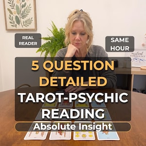 Könnte beinhalten: Ein Tarotkarten-Leseservice mit einer Kartenlegung auf einem Holztisch und Textüberlagerungen, die lauten: REAL READER, SAME HOUR, 5 QUESTION DETAILED TAROT-PSYCHIC READING und Absolute Insight. Die Karten zeigen verschiedene Illustrationen.